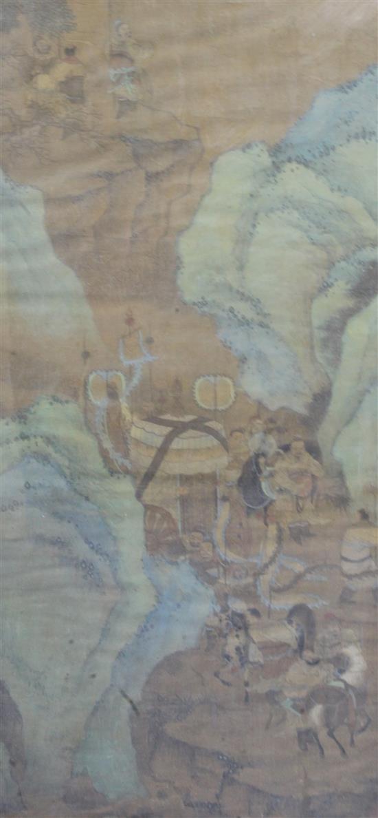 A Chinese painting on silk of soldiers, 18th/19th century, 97x 49cm, framed and glazed